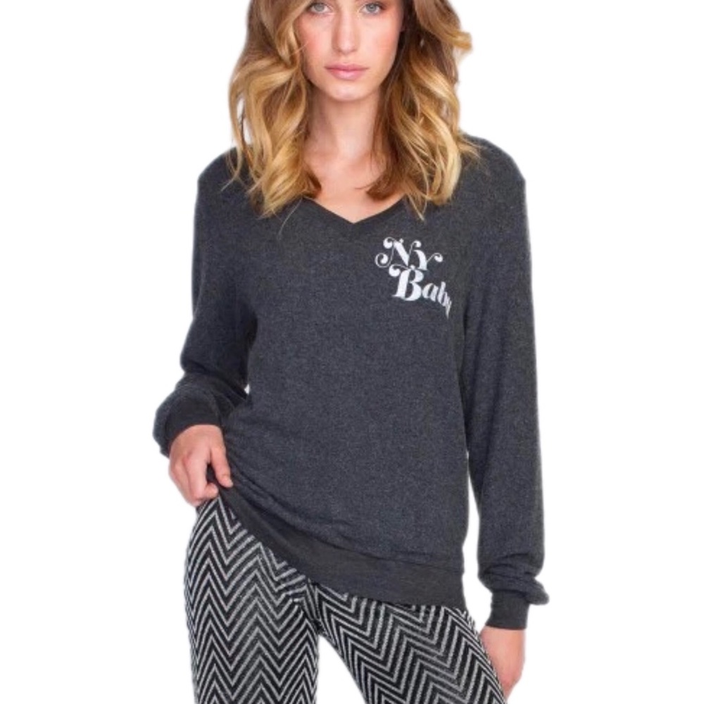 Wildfox "NY Baby" Baggy Beach V Neck Sweater Comfy Casual Athleisure Lounge